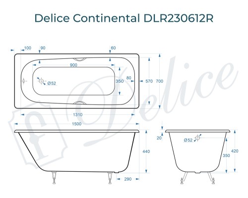 Ванна чугунная Delice Continental 150х70 с отверстиями под ручки