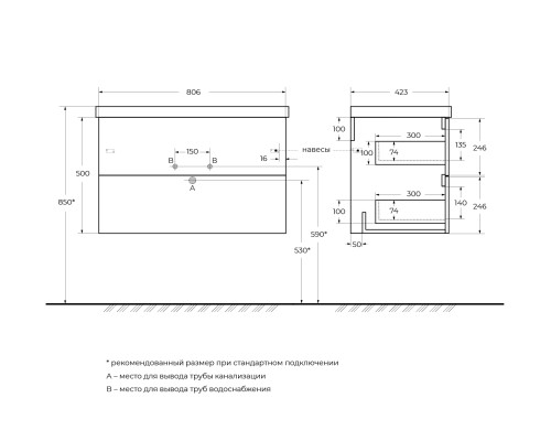 Тумба под раковину BelBagno Due 80 DUE-800-2C-SO-BL-P подвесная Bianco Lucido
