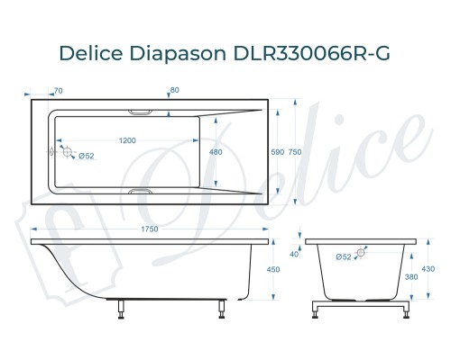 Ванна из литьевого мрамора Delice Diapason 175х75 глянцевая с ручками Хром