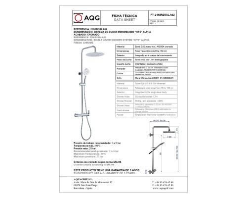 Душевая система AQG Alpha, cо смесителем и круглым верхним душем, хром