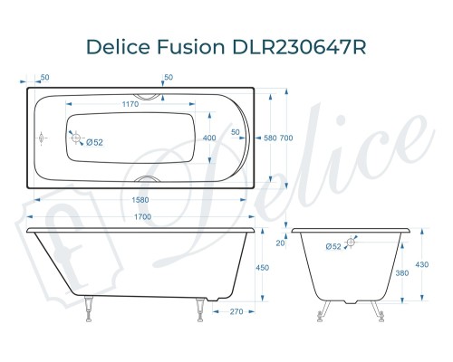Ванна чугунная Delice Fusion 170х70 с отверстиями под ручки