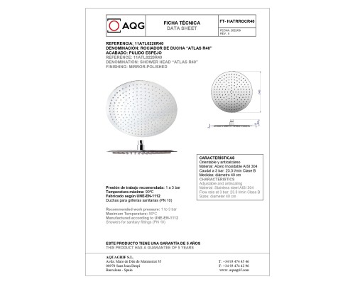 Верхний душ AQG Atlas R 400 мм, хром