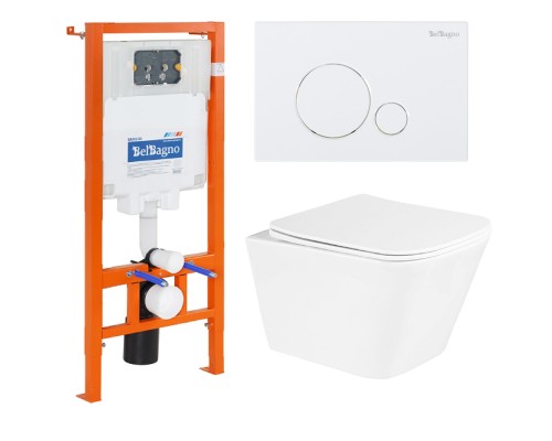 Комплект унитаза с инсталляцией BelBagno Due BB3103CHR/SC/BB002-80/BB014-SR-BIANCO с сиденьем Микролифт и Белой клавишей смыва
