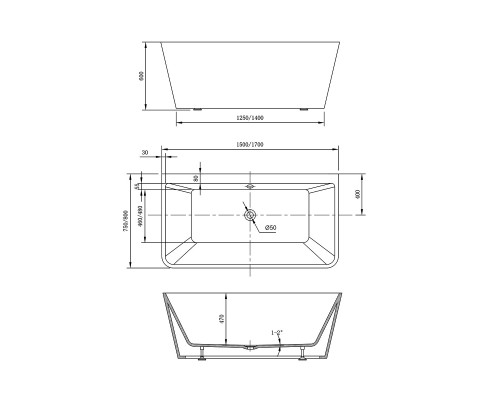 Ванна акриловая Vincea 1700x800x600 белый щелевой перелив слив хром