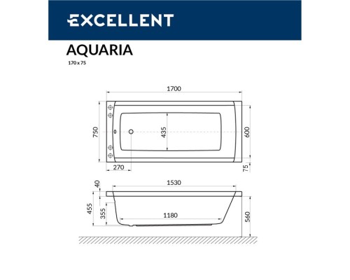 Ванна гидромассажная EXCELLENT Aquaria 170x75 SMART NANO хром