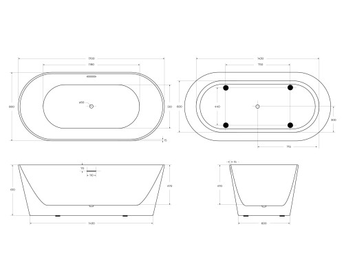 Акриловая ванна BelBagno 170x80 BB416-1700-800 без гидромассажа