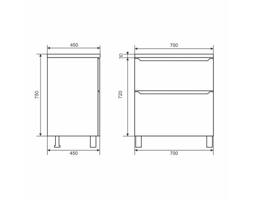 Тумба под раковину 70 см, Uperwood Tanos, напольная, черная, 2 ящика