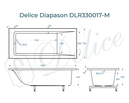 Ванна из литьевого мрамора Delice Diapason 165х70 матовая