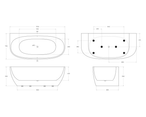 Акриловая ванна BelBagno 170x80 без гидромассажа