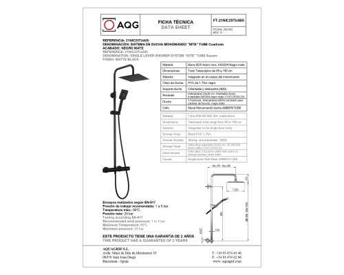 Душевая система AQG Tube, cо смесителем и квадратным верхним душем черный матовый