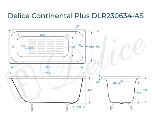 Ванна чугунная Delice Continental PLUS 170х70 с антискользящим покрытием