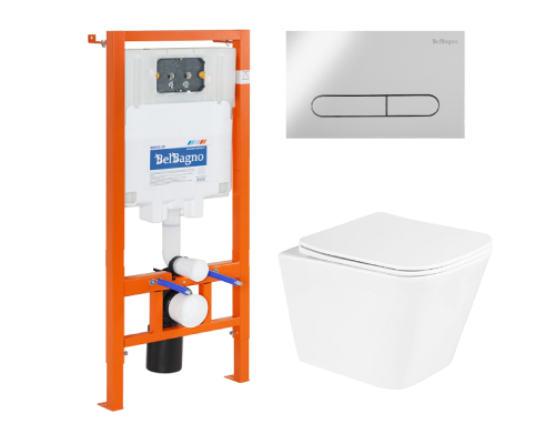Комплект унитаза с инсталляцией BelBagno Due BB3103CHR/SC/BB002-80/BB005-PR-CHROME с сиденьем Микролифт и клавишей смыва Хром