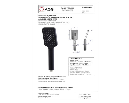 Ручной душ антикальцевый AQG NITE SQ 110х80 мм, 2х режимный, черный матовый