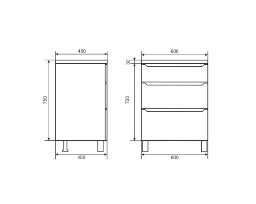 Тумба под раковину 60 см, Uperwood Tanos, напольная, черная, 3 ящика