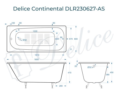 Ванна чугунная Delice Continental 180х80 с антискользящим покрытием
