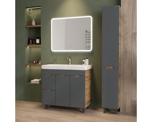 Тумба под раковину Onika Айленд 90 напольная, графит/дуб крафт золотой, с корзиной