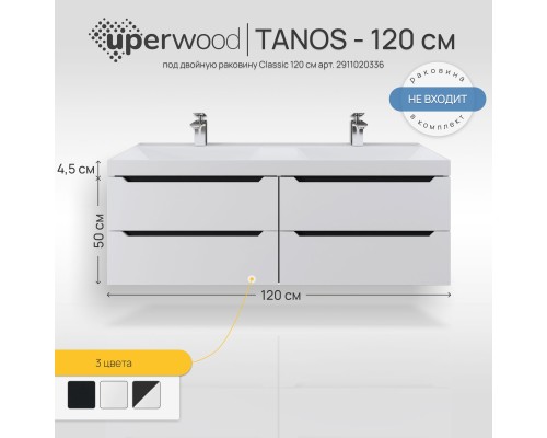 Тумба под двойную раковину подвесная Uperwood Tanos 120х45х50 см, графит, 4 ящика