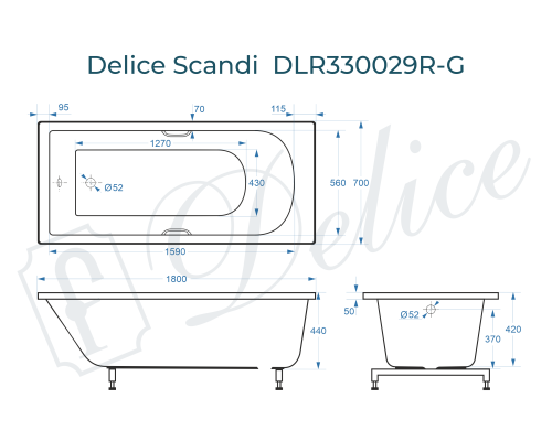 Ванна из литьевого мрамора Delice Scandi 180х70 глянцевая с ручками Хром