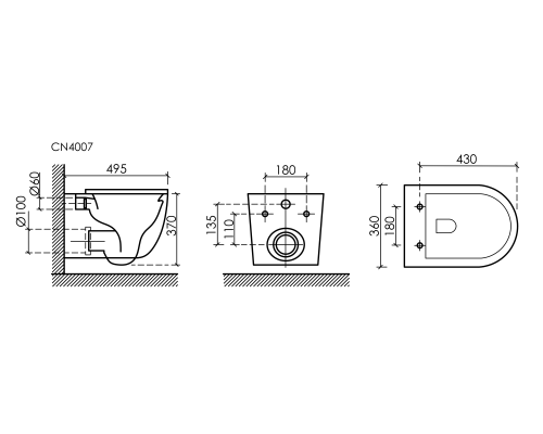 Подвесной унитаз UP безободковый, смыв Торнадо CN4007
