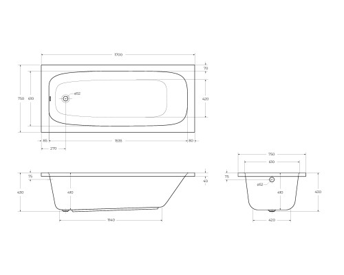 Акриловая ванна Cezares Eco 170х75 ECO-170-75-41-W37 без гидромассажа