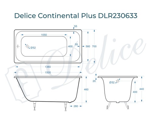 Ванна чугунная Delice Continental PLUS 150х70