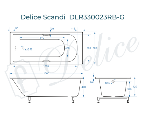 Ванна из литьевого мрамора Delice Scandi 150х70 глянцевая с черными ручками