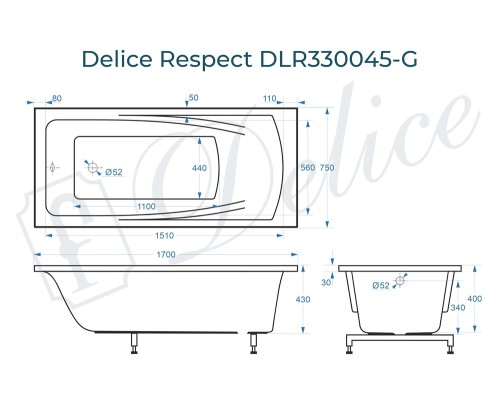Ванна из литьевого мрамора Delice Respect 170х75 глянцевая