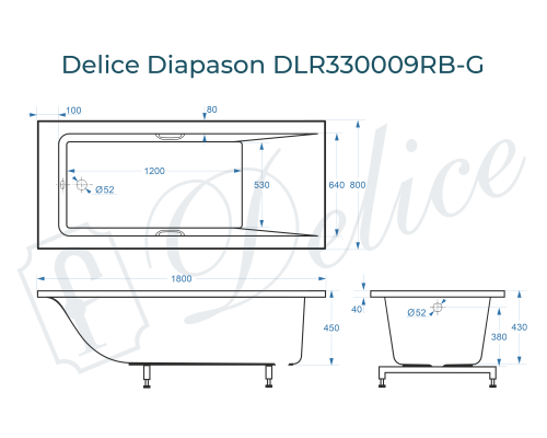 Ванна из литьевого мрамора Delice Diapason 180х80 глянцевая с черными ручками