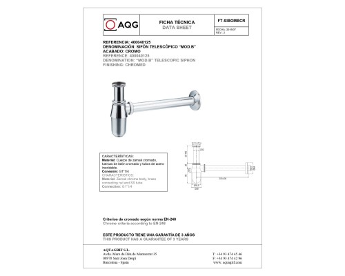 Круглый бутылочный сифон AQG MOD.B 1”1/4 из латуни, хром