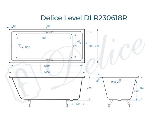 Ванна чугунная Delice Level 140х70 с отверстиями под ручки