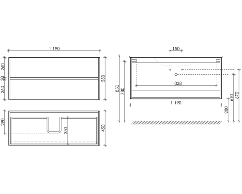 Тумба под раковину SANCOS Urban 1EG 1190х450х550, c двумя ящиками, дуб галифакс натуральный