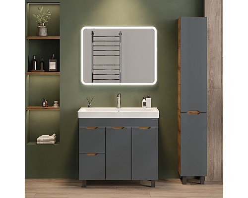 Тумба под раковину Onika Айленд 90 напольная, графит/дуб крафт золотой, с корзиной