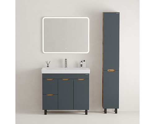 Тумба под раковину Onika Айленд 90 напольная, графит/дуб крафт золотой, с корзиной