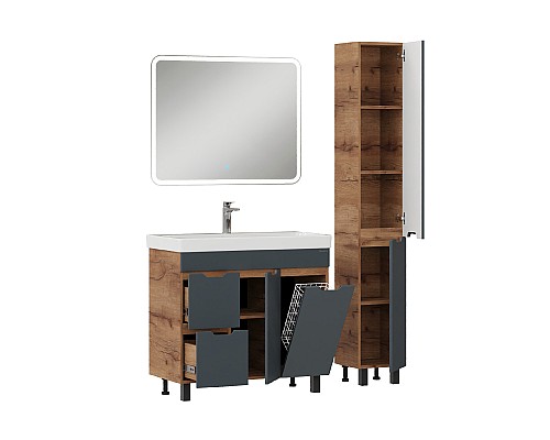 Тумба под раковину Onika Айленд 90 напольная, графит/дуб крафт золотой, с корзиной