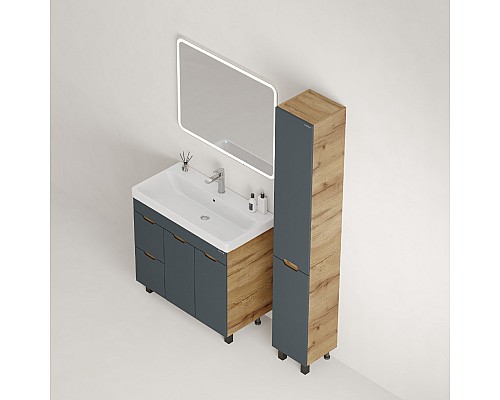 Тумба под раковину Onika Айленд 90 напольная, графит/дуб крафт золотой, с корзиной