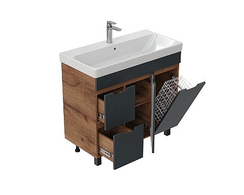 Тумба под раковину Onika Айленд 90 напольная, графит/дуб крафт золотой, с корзиной