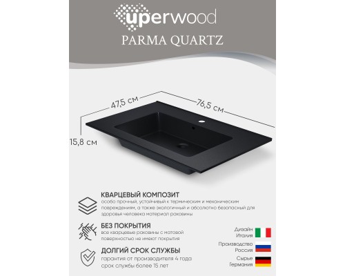 Раковина для ванной 76,5 см, Uperwood Parma Quartz, черная матовая, "космос"