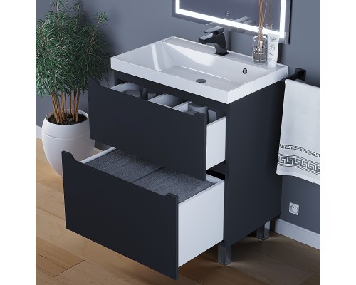 Тумба под раковину 70 см, Uperwood Tanos, напольная, черная, 2 ящика