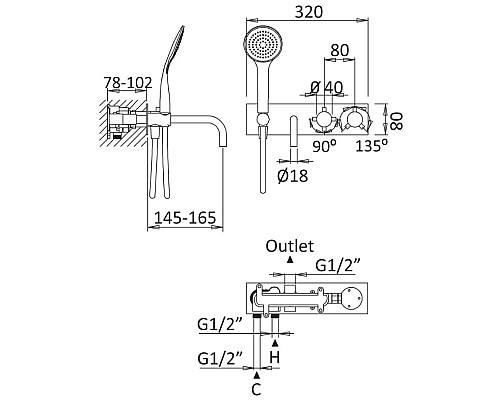 Смеситель для ванны Cezares Czr CZR-B-VDM2-T-NOP с термостатом Черный