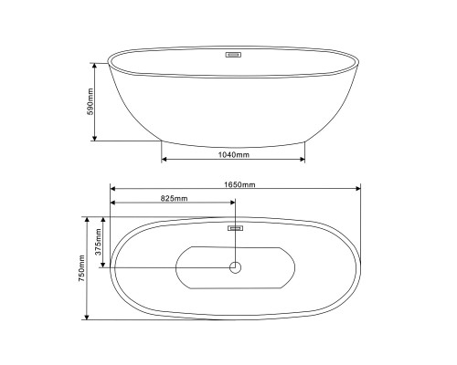 Ванна акриловая Vincea VBT-509 1650x750x590 белый слив-перелив в комплекте хром