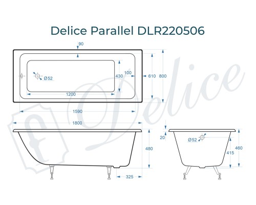 Ванна чугунная Delice Parallel 180х80, без ручек