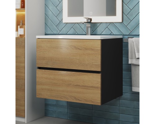 Тумба с раковиной подвесная Uperwood Barsa 60х45х57 см, черная/дуб сонома