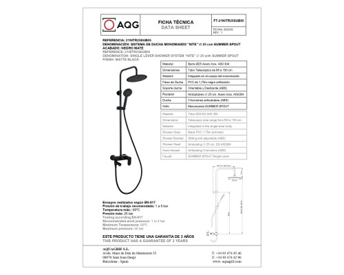 Душевая система AQG WIND BLU RD, со складным изливом и верхним душем, черный матовый