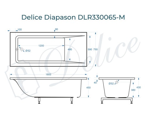 Ванна из литьевого мрамора Delice Diapason 180х75 матовая