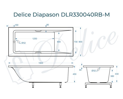 Ванна из литьевого мрамора Delice Diapason 190х90 матовая с черными ручками