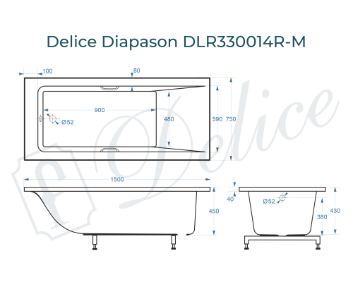 Ванна из литьевого мрамора Delice Diapason 150х75 матовая с ручками Хром