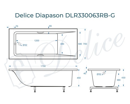 Ванна из литьевого мрамора Delice Diapason 175х70 глянцевая с черными ручками