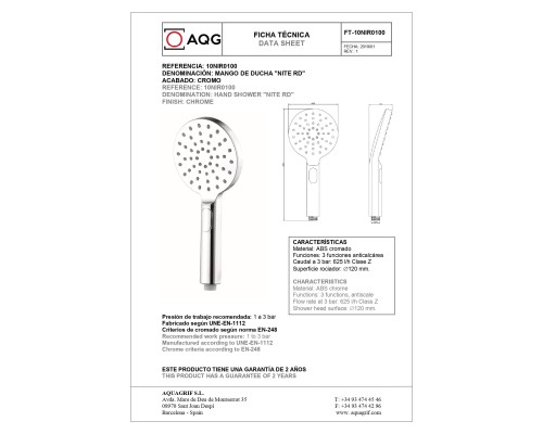 Ручной душ антикальцевый AQG NITE RD 120мм см, 2х режимный, хром