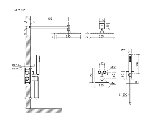 Душевой комплект с термостатом SANCOS Linn, с внутренней частью, хром, SC9022CH