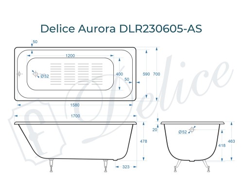 Ванна чугунная Delice Aurora 170х70 с антискользящим покрытием